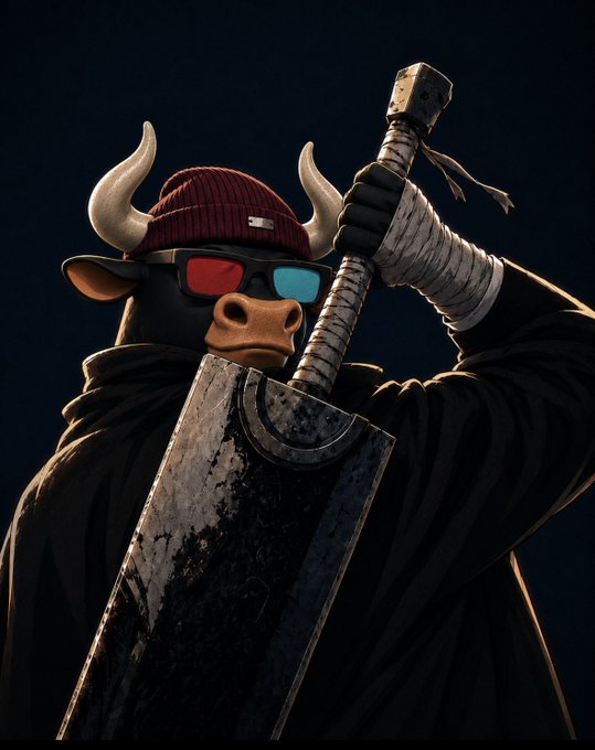 A dark, stylized digital illustration of a bull-headed character wearing a maroon beanie and 3D glasses with red and cyan lenses, gripping a massive, worn sword against a black background.