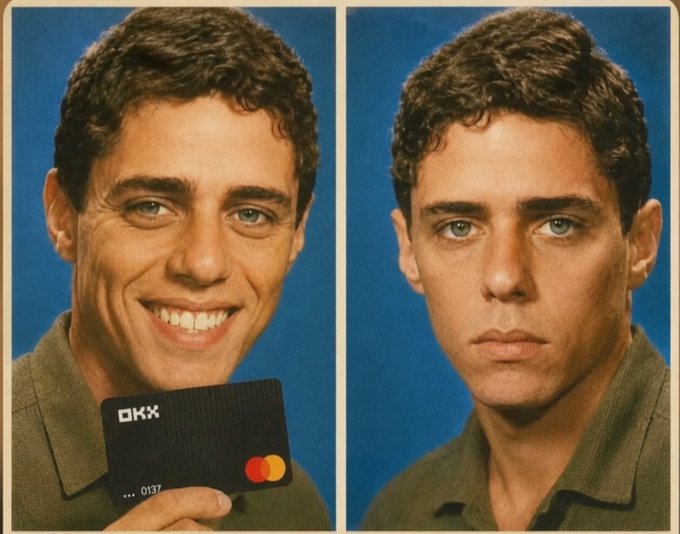A side-by-side composite of two portrait photos of a young man with short brown hair against a blue backdrop, smiling while holding a black 'OKX' Mastercard debit card on the left, and shown with a neutral expression on the right.