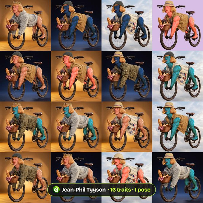 A 4x4 grid of AI-generated images shows variations of a blonde man on a bicycle with a picnic basket, featuring different poses and traits, labeled 'Jean-Phil Tyyson • 16 traits • 1 pose'.