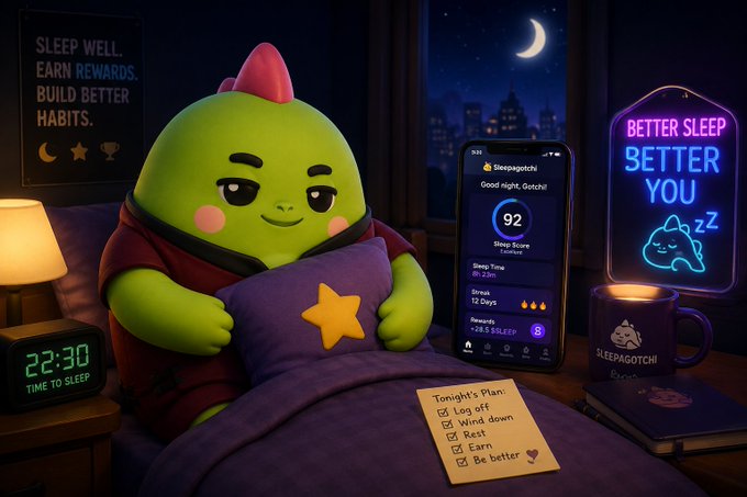 The image features a green cartoon character sitting in a bed with a pillow featuring a star design. The character appears to be reading a note or a list of tasks written on paper that says "Today's Plan". This suggests that the character might be using an app, such as a productivity app, to help them manage their daily tasks and responsibilities. The post about sleep habits emphasizes the importance of setting goals and prioritizing self-care, which can also apply to managing one's time effectively by organizing tasks and creating schedules.