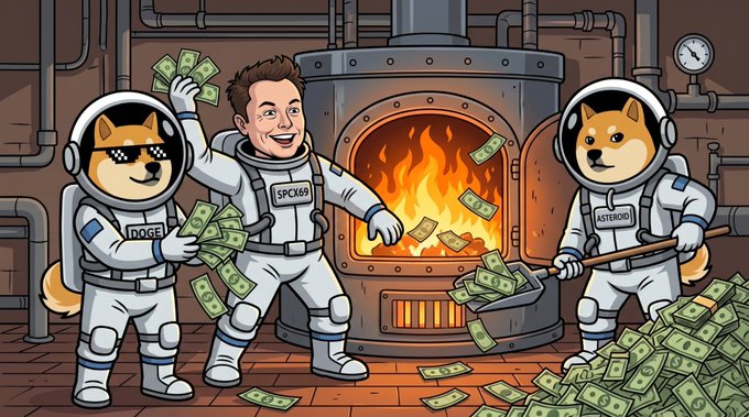 A cartoon illustration shows Doge and Asteroid dog characters in spacesuits alongside a person labeled SPCK69 burning money in a furnace, with stacks of cash scattered around.