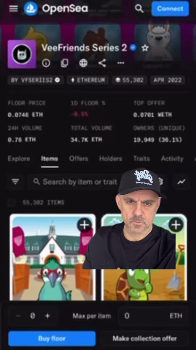 The image shows a man's cell phone screen displaying a page from the OpenSea NFT series 2. The man appears to be looking at the content of the page with interest, possibly considering participating in an NFT giveaway or making a purchase for a serious collector.