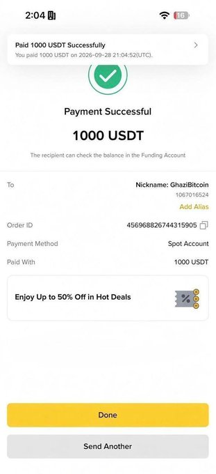 A mobile payment confirmation screen showing 'Payment Successful' for 1000 USDT sent to Nickname GhaziBitcoin via Spot Account, with a green checkmark and Order ID 456968826744315905.