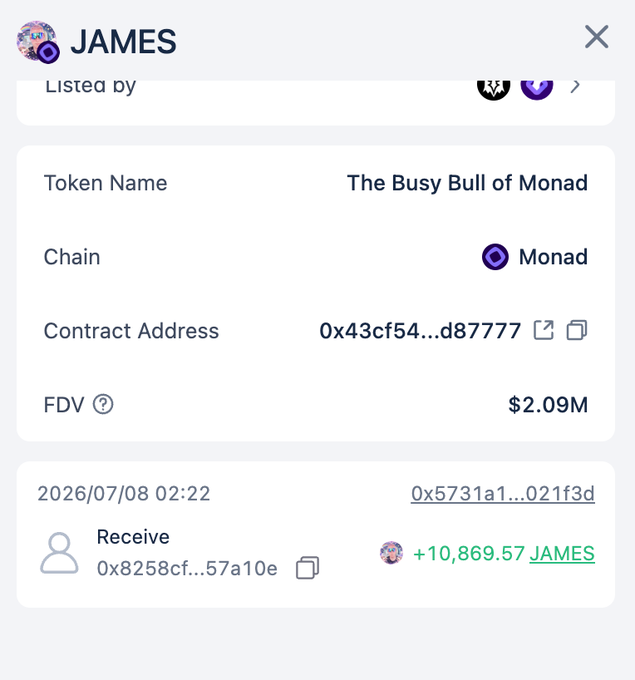 A screenshot showing a token detail page for "JAMES" (The Busy Bull of Monad) on the Monad chain, featuring a transaction receipt of +10,869.57 JAMES tokens sent to address 0x8258cf...57a10e, likely illustrating the airdrop or token distribution being referenced as "Monad's gift."