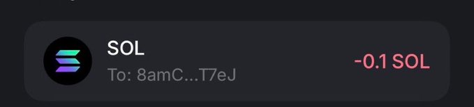 A dark-themed cryptocurrency transaction notification showing a SOL (Solana) token transfer of -0.1 SOL to the address 8amC...T7eJ, featuring the Solana logo.