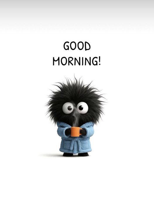 An animated fuzzy black character in a blue bathrobe holding an orange mug with steam rising, beneath the text 'GOOD MORNING!' on a white background.