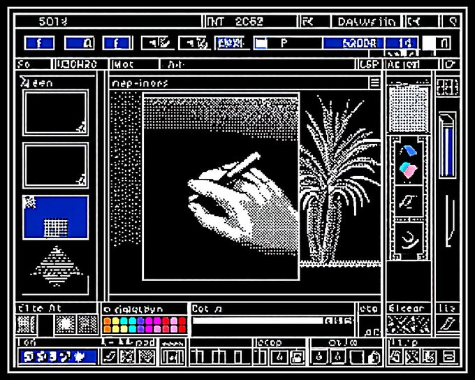 A retro pixel art style depiction of a computer interface showing a hand holding a stylus, surrounded by various tool panels and icons.