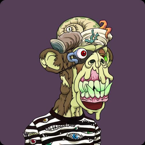 The image features a cartoon monkey wearing a hat with a fish face, goggles, and glasses. The monkey has a large nose and teeth, giving it an odd and amusing appearance. The caption of the image includes a reference to a post that says "Happy friday friends I am a Monkey men Are you @BoredApeYC @mfigge". This suggests that the image is related to a social media post or conversation about monkeys wearing hats with fish faces, goggles, and glasses.
