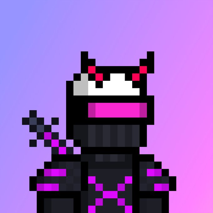 A pixel art character with a black helmet featuring red accents, glowing pink/magenta eyes and body details, set against a purple to pink gradient background.