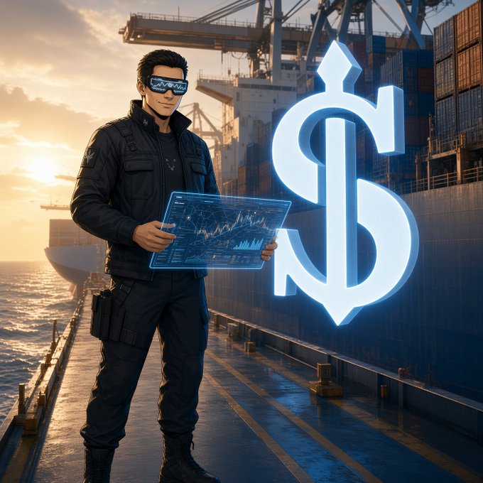 A digital artwork of a dark-uniformed person wearing futuristic goggles, holding a transparent holographic display with data charts, standing next to a glowing white dollar sign with up and down arrows, set against a shipping port at sunset.