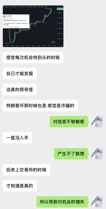 A Chinese-language chat conversation discussing missed opportunities in cryptocurrency trading, including a screenshot of a trading chart.