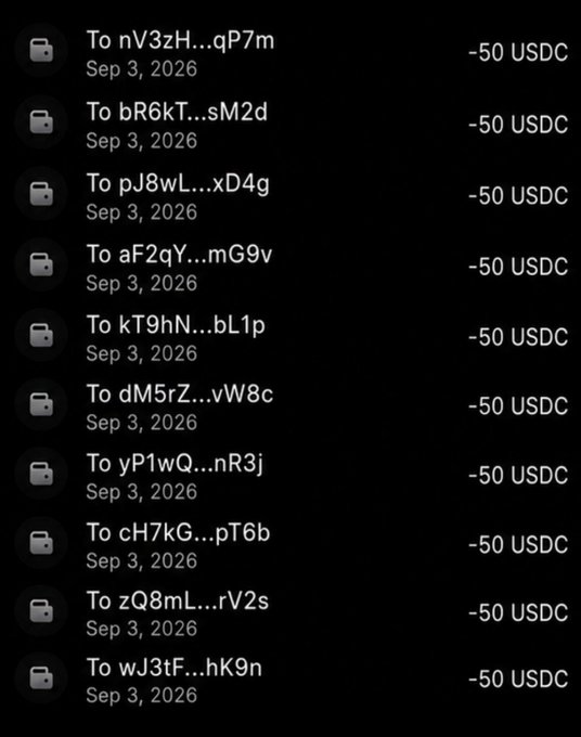 A screenshot of a digital wallet showing multiple transactions of '-50 USDC' sent to various wallet addresses on 'Sep 3, 2026'.