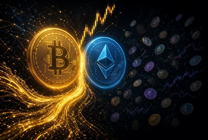 A digital art illustration featuring a glowing golden Bitcoin coin and a blue Ethereum coin side by side, surrounded by floating smaller cryptocurrencies and trading charts.