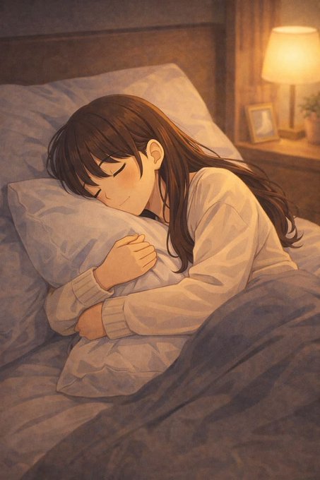 The image shows an anime-style illustration of a young woman with long brown hair peacefully sleeping while hugging a pillow, bathed in warm light from a bedside lamp.

The image contrasts with the post's energetic crypto promotion—the sleeping figure visually echoes the message's "Gn" (good night) greeting, but humorously undercuts the hyped talk of accelerated market caps and leveraged tokens by suggesting it's time to rest rather than chase the next moonshot.