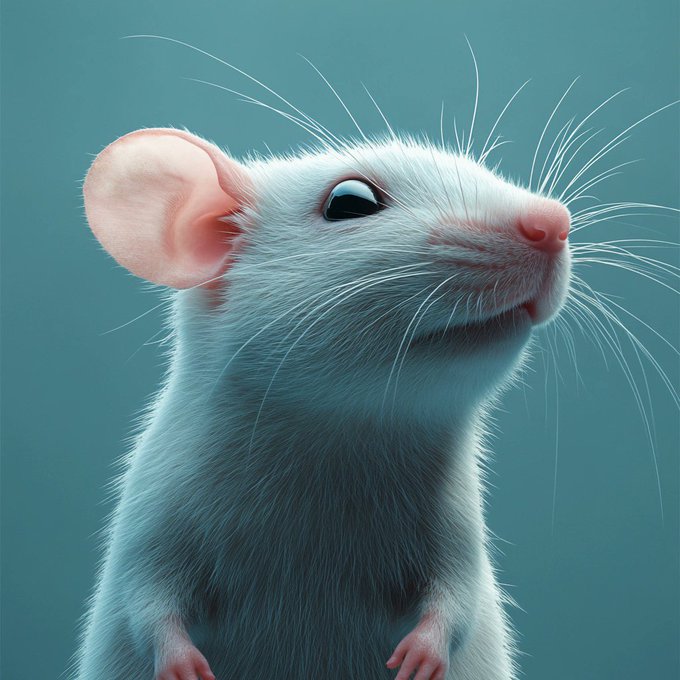 A detailed, realistic 3D-rendered illustration of a small white mouse or rat looking upward against a teal background.