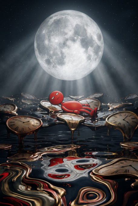 A red figure rests on melting pocket watches floating in a surreal watery landscape beneath a glowing full moon, evoking themes of time slipping away. The moon's cratered surface subtly forms a frown, mirroring the post's dark "gn gn gn — BUY THE BOTTOM" sentiment about despair at market lows.