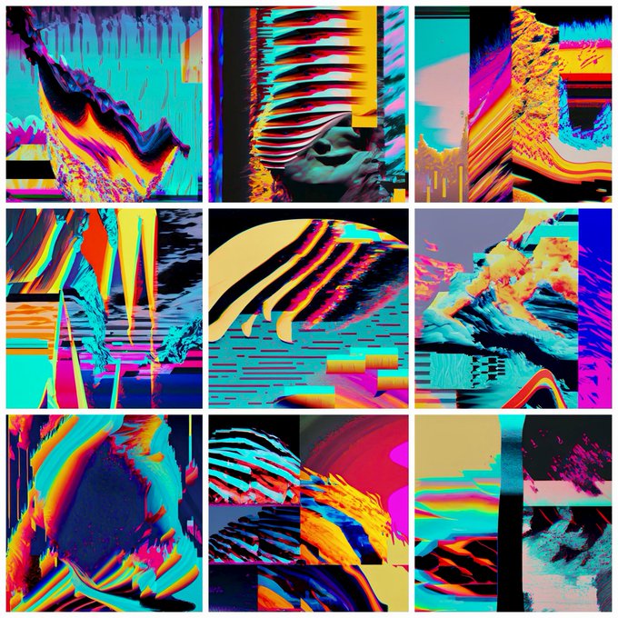A 3x3 grid of abstract, glitch-art style images featuring vibrant, psychedelic color distortions with wave patterns, striated textures, and bold hues of cyan, magenta, yellow, and black.