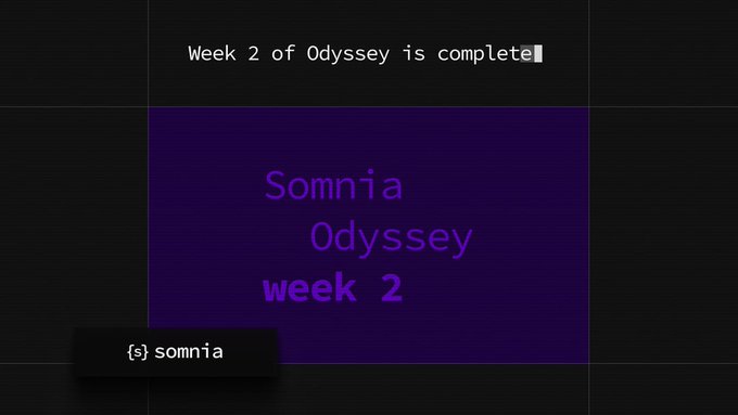 The image is a digital announcement card with a dark purple background displaying the text "Week 2 of Odyssey is complete" at the top and "Somnia Odyssey week 2" in the center. It features the "somnia" logo at the bottom, visually confirming the completion of Week 2 of the Somnia Odyssey quest campaign referenced in the post.