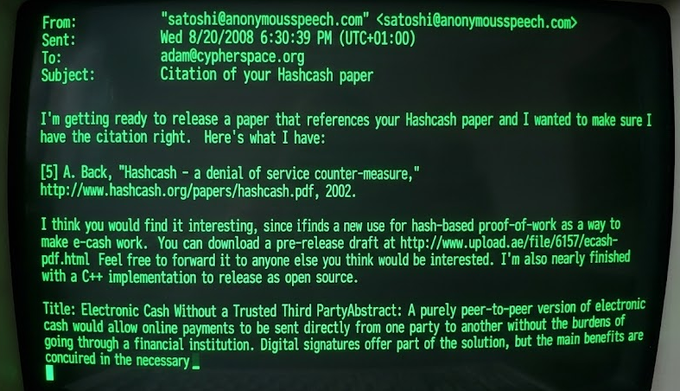 The image shows a screen displaying an email from "satoshi@anonymouslyspeech.com" dated August 20, 2008, to adam@cypherspace.org, with the subject "Citation of your Hashcash paper." The email requests confirmation of a citation for Back's 2002 Hashcash paper in what appears to be the early Bitcoin whitepaper draft, mentioning a pre-release available at upload.ag/file/6157/ecash-pdf.html—directly relating to Satoshi's outreach to Adam Back about referencing Hashcash in the Bitcoin whitepaper.