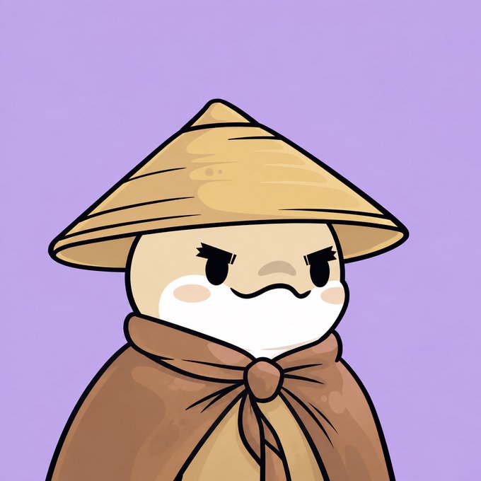 A cute cartoon character wearing a brown cloak, scarf, and wide conical straw hat stands against a purple background.