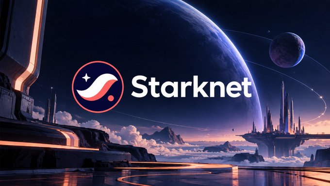 The image features the Starknet logo—a circular emblem with a red comet-like streak—overlaid on a futuristic sci-fi landscape with floating futuristic structures, a distant planet with rings, and a dramatic sky. The text "Starknet" is prominently displayed in bold white lettering, reinforcing the post's focus on Starknet's ambitious, forward-looking approach to scaling Ethereum using ZK proofs while preserving its core properties.