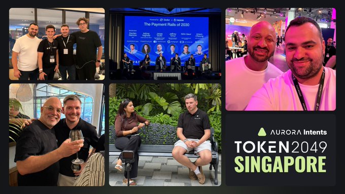A photo collage from 'TOKEN2049 SINGAPORE' hosted by AURORA Intents shows various attendees at the blockchain conference, including panel discussions and networking moments.