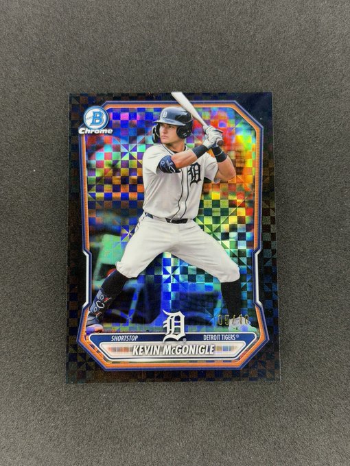 A 2021 Bowman Chrome Kevin McGonigle refractor baseball card with serial number 05/99, Detroit Tigers shortstop.