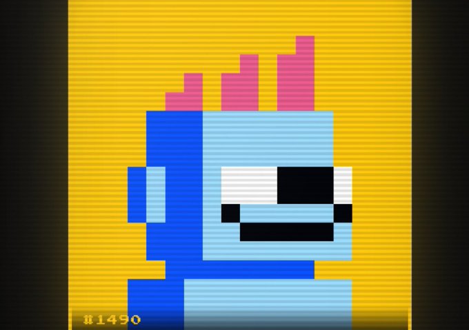 A retro-style pixel art image of a blue robotic character with large eyes, displayed on a yellow lined background with the text 'N1490' in the corner.