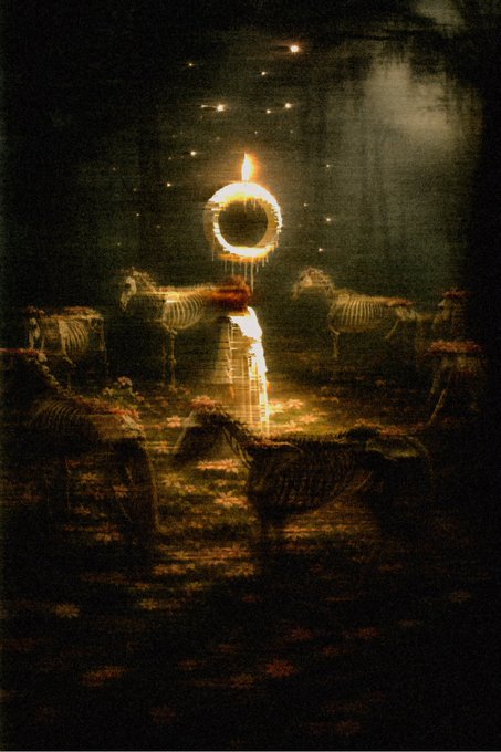 The image features a painting of horses, with one horse positioned centrally and surrounded by other horses. The painting has an abstract style, giving it a dreamy or surreal appearance. The background includes trees and a starry sky, adding depth and context to the scene. The image is accompanied by a caption that reads "The Last Ritual 13/15 Editions - 8 XTZ". This suggests that the artwork may be part of a collection or series, possibly related to the concept of rituals or spiritual themes.