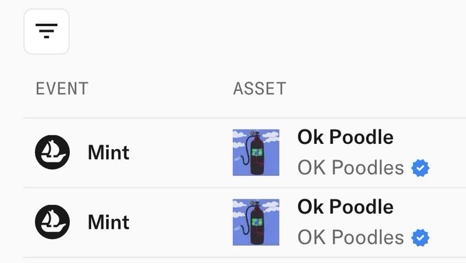 The image shows a transaction history displaying two "Mint" events for the "Ok Poodle" asset from the "OK Poodles" collection, with verified checkmarks. This aligns with the post about supporting fellow Beeple card collectors by acquiring Ok Poodles NFTs.