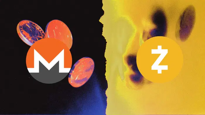 The image displays the logos of Monero (XMR) and Zcash (ZEC) side by side against a stylized split background of orange/blue on the left and yellow on the right, visually representing the two privacy-focused cryptocurrencies discussed in the post about privacy coin performance amid crypto market stagnation.