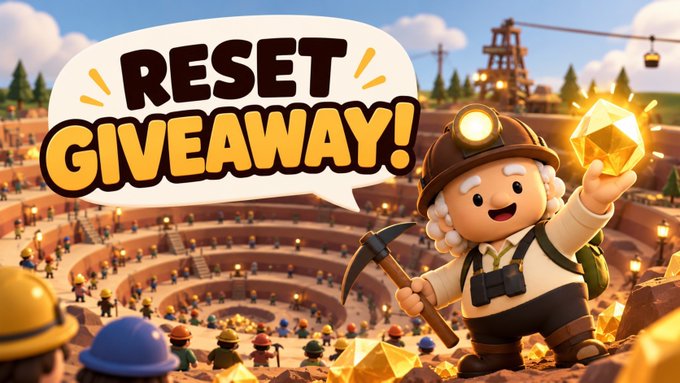 A colorful promotional graphic reads “RESET GIVEAWAY!” and shows a cartoon miner holding a glowing gold crystal in a mining pit. It illustrates the accompanying 24-hour “NEW RESET GIVEAWAY!” post offering ten winners 0.1 RESET for quoting Trac Network and completing the listed steps.