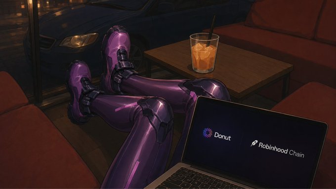 A cyberpunk-style illustration of a person with metallic purple robotic legs resting them on a table, with a laptop showing 'Donut' and 'Robinhood Chain' logos, overlooking a car at night.