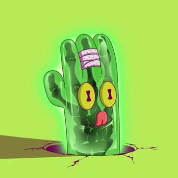 A green animated hand character with dollar sign eyes and a bandaged finger emerging from cracked ground against a bright green background.