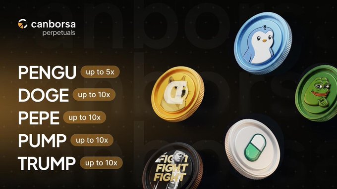 An advertisement for Canborsa Perpetuals listing meme coins PENGU, DOGE, PEPE, PUMP, and TRUMP with their available leverage multipliers up to 10x.