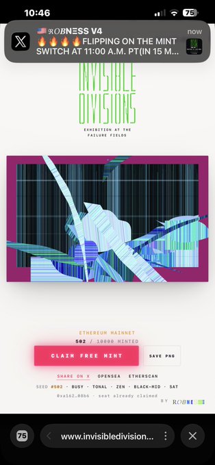 A mobile screenshot of an AI-generated NFT called 'INVISIBLE DIVISIONS' on the Ethereum Mainnet, showing 502/10000 minted and a 'CLAIM FREE MINT' button, with a banner about 'ROBNESS V4 FLIPPING ON THE MINT.'