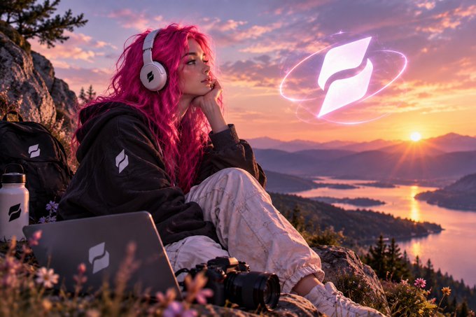 A stylized digital artwork of a woman with bright pink hair wearing Sennheiser headphones and a black jacket with the brand's logo, sitting on a mountain overlooking a sunset landscape with a laptop, camera, and water bottle nearby, alongside a glowing pink version of the Sennheiser logo.