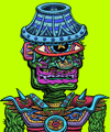 A colorful, detailed illustration of a tiki-style statue or vessel with intricate patterns and an eye motif, set against a bright green background.