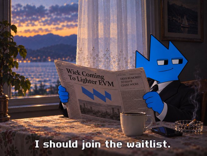 A blue animated character sits by a window reading a newspaper with the headline 'Wick Coming To Lighter FVM', with a caption below reading 'I should join the waitlist.'