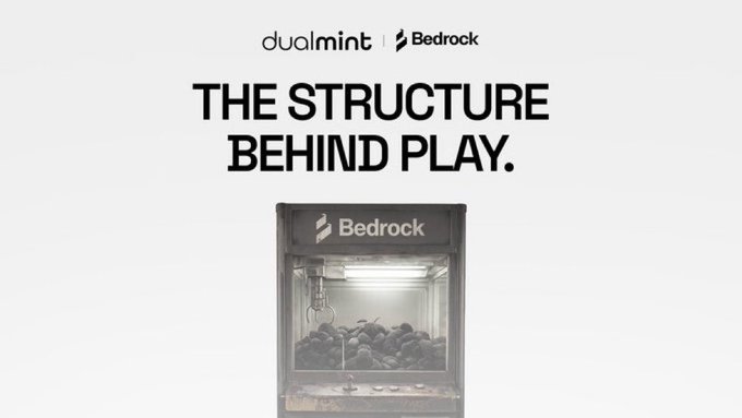 A promotional graphic for DualMint and Bedrock features the headline "THE STRUCTURE BEHIND PLAY." above a photo of a claw machine branded with the Bedrock logo, visually illustrating the post's concept of real-world claw machines generating revenue that is brought onchain via Solana through the Robo Run machine vault.