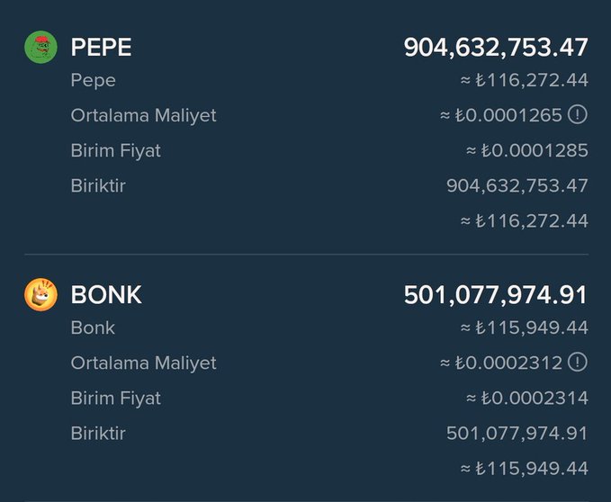 A cryptocurrency portfolio display in Turkish showing PEPE holdings of 904,632,753.47 (~$116,272.44) and BONK holdings of 501,077,974.91 (~$115,949.44), with average costs and unit prices listed.