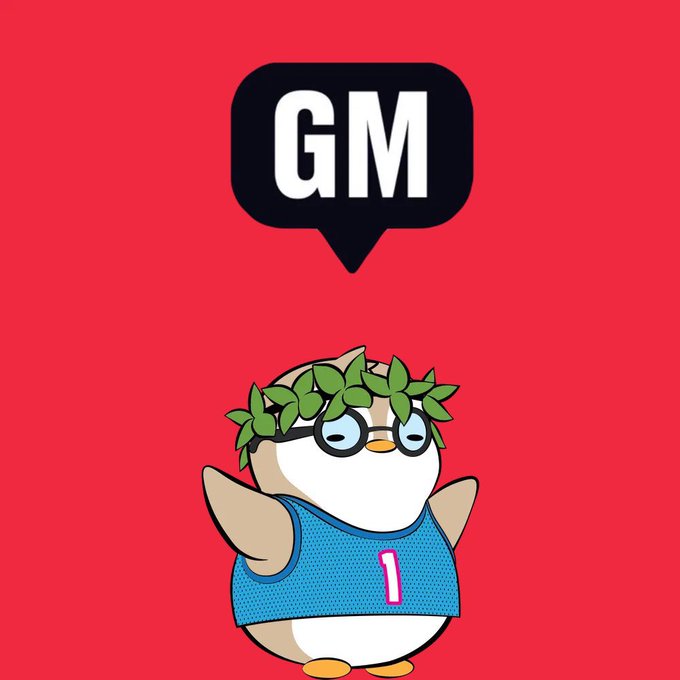 A cartoon owl character wearing a blue jersey with the number 1, sunglasses, and a leafy crown, standing on a red background beneath a speech bubble reading 'GM'.