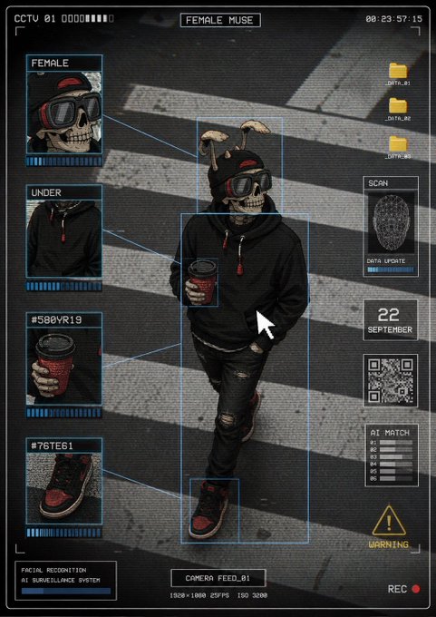 Futuristic CCTV surveillance interface displaying facial recognition and AI surveillance tracking of a skeleton figure in a bunny hat on a crosswalk.