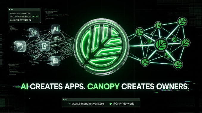 Canopy Network promotional graphic stating 'AI CREATES APPS. CANOPY CREATES OWNERS,' showing an interconnected network diagram with AI-themed icons and the website www.canopynetwork.org.