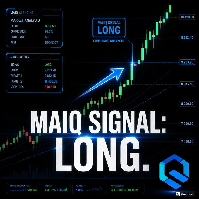 MAIQ AI Engine trading signal graphic showing a LONG signal for BTC/USDT with bullish trend, 92.7% confidence, entry at $9,203.20, targets at $9,812.45 and $10,450, stop loss $8,845.10.