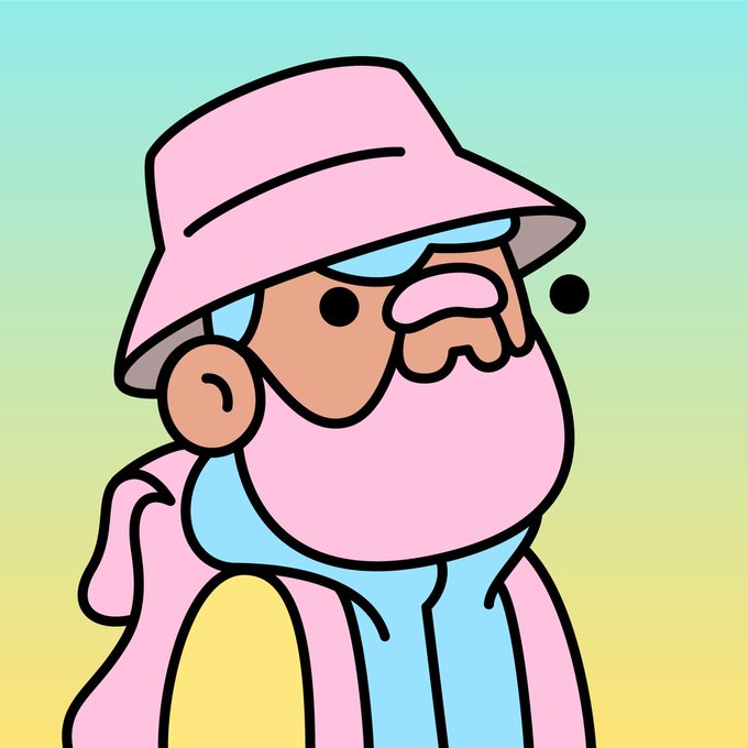 Cartoon illustration of a bearded man wearing a pink bucket hat, pink jacket, and blue shirt against a gradient pastel background.
