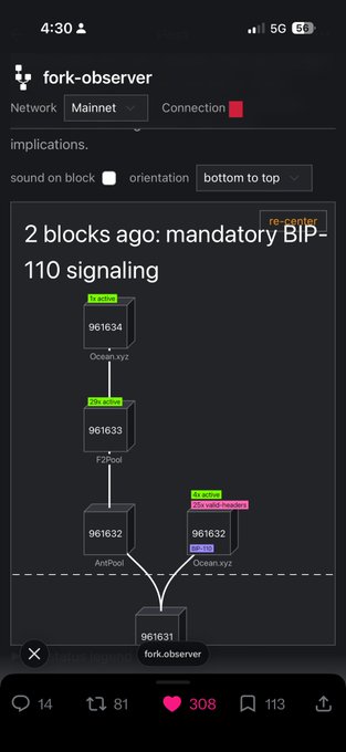 A screenshot from a Bitcoin fork-observer tool showing a block diagram of the 2nd-most-recent block (961633), which did not signal BIP-110, with arrows indicating the mining pools involved (F2Pool, Ocean.xyz, and AntPool). The visual supports the post's argument that Ocean's decentralized mining approach meant it produced a non-signaling block despite the pool's broader stance, highlighting the unpredictability that makes permanent forks likely.