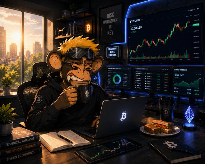 An AI-generated image of an anthropomorphic monkey wearing goggles, holding a coffee mug, and sitting at a desk with multiple monitors displaying BTC/USDT trading charts and risk management information, with books titled 'TECHNICAL ANALYSIS' and 'THE BITCOIN STANDARD' nearby.