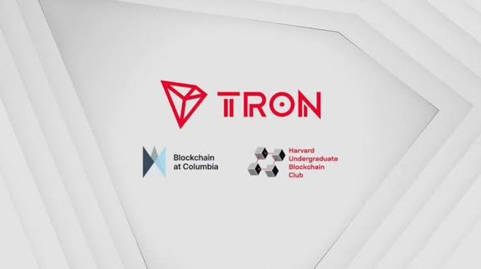 The image displays the TRON logo alongside the logos of "Blockchain at Columbia" and "Harvard Undergraduate Blockchain Club," suggesting a partnership or collaboration between TRON and these university blockchain organizations, likely tied to the post's discussion of TRON's growing active user base and new user demographics.