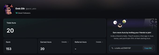 The image shows a screenshot of user @emir_eth's Kaito Aura dashboard, displaying a Total Aura of 20, a Rank of 153, and Earned Aura of 20, alongside a referral link (s.kaito.ai/ZM9Y6F) being shared. This visually supports the post's message by demonstrating the author's own Kaito Aura stats while promoting the referral link to others.